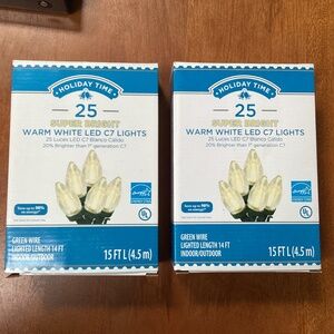 Holiday Time 25 Super Bright Warm White LED C7 Lights New Green Wire